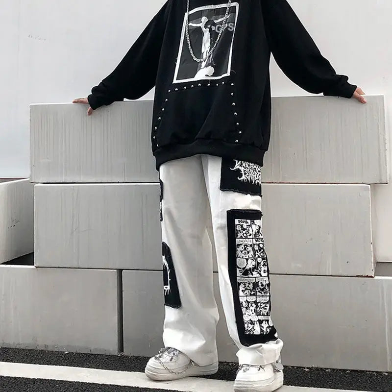 Gothic Punk Cargo Pants Anime Patch Pants for Men Women High Waist Black Trousers Wide-leg Casual Pant Harajuku Y2k Male Bottoms