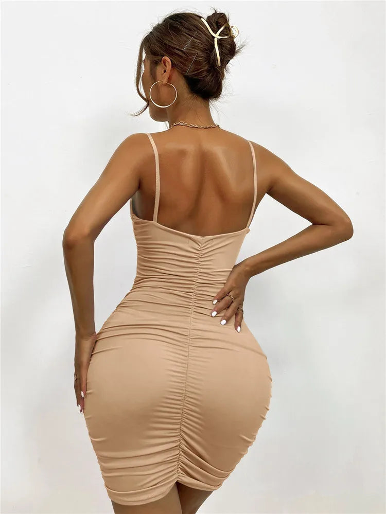 Fairyshely Sexy Ruffle Deep V Short Club Dress Ladies 2025 Summer Blue Bodycon Dresses Evening Party Tight Mini Dress