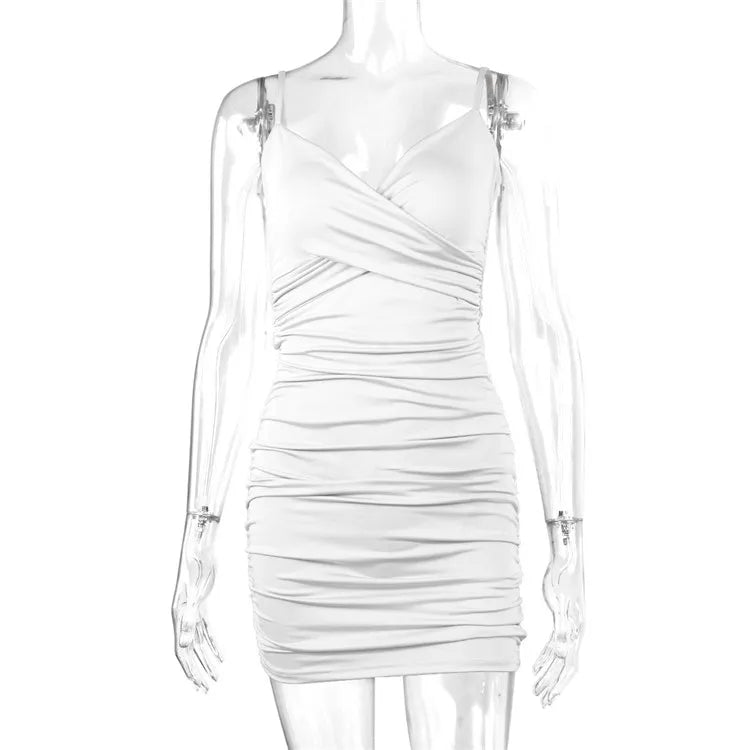 Fairyshely Sexy Ruffle Deep V Short Club Dress Ladies 2025 Summer Blue Bodycon Dresses Evening Party Tight Mini Dress