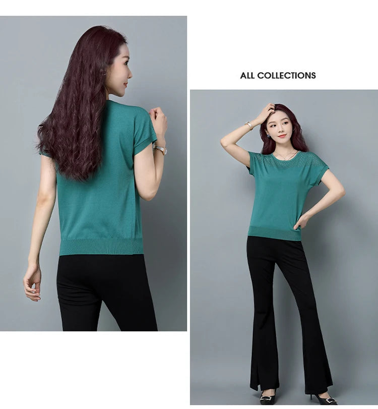 2024 Summer Ladies Knitted Top Short Sleeve Tshirt Hollow Out T Shirt Women Loose Elegant Tee Shirt Femme Casual Clothes T-shirt