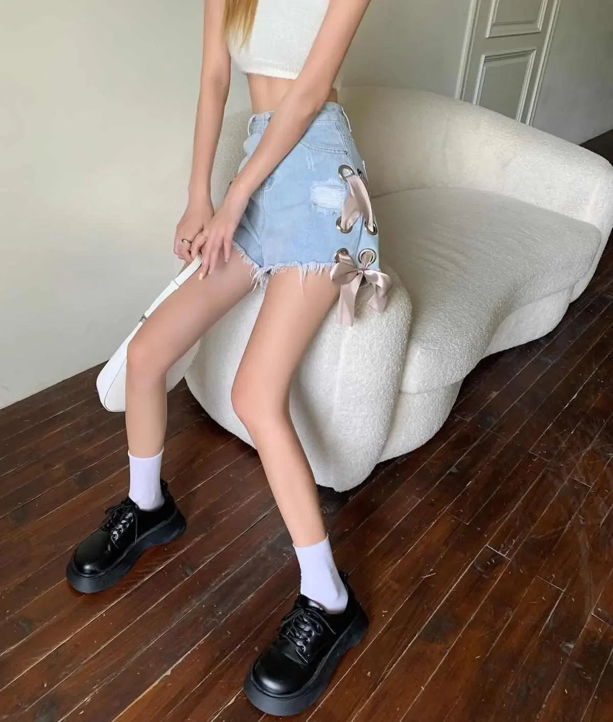 Short Jean Pants Woman Ripped Wide Denim Shorts for Women Stretchy Elasticty Flowy Jorts Summer 2000s Clothes Y2k Hot Streetwear