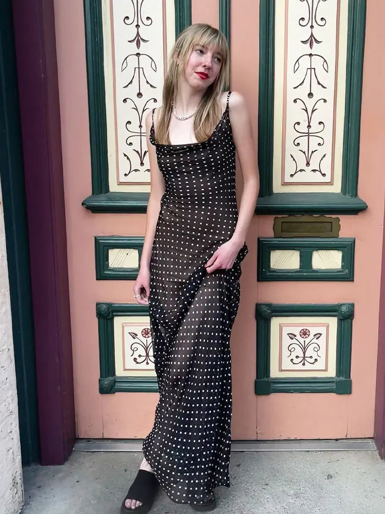 2025 Black Fashion Polka Dots Sundress Sexy See Through Spaghetti Strap Maxi Dress Women Summer Clothes Party Slip Dresses A1259