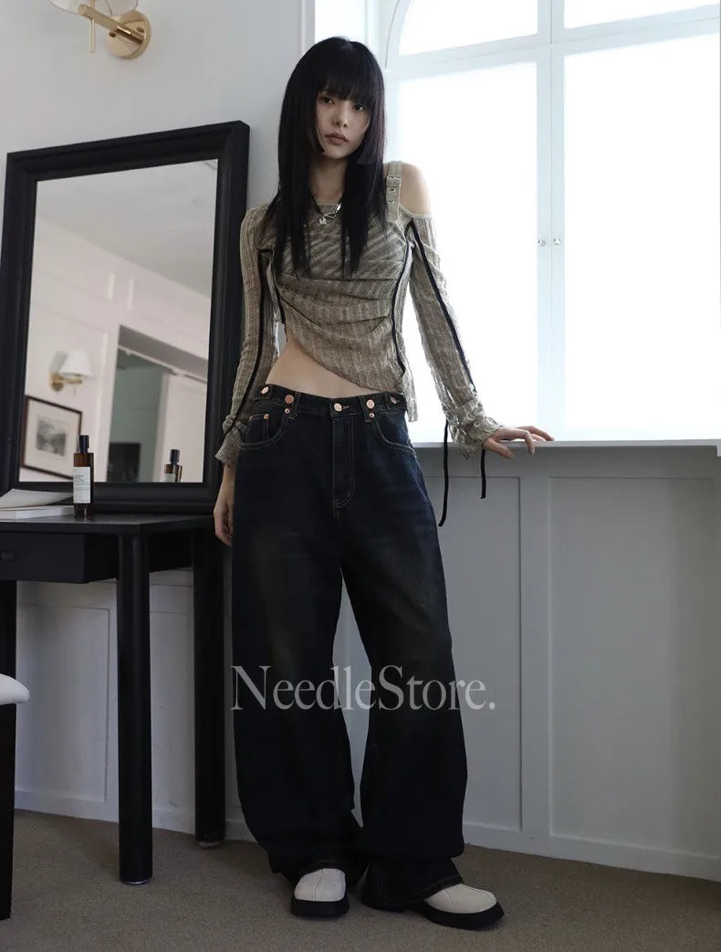 Yedinas American Retro T Shirt Women Clothes Long Sleeve Crop Top Lace Up Korean Fashion Gothic Off Shoulder Tee Shirt Femme Y2k