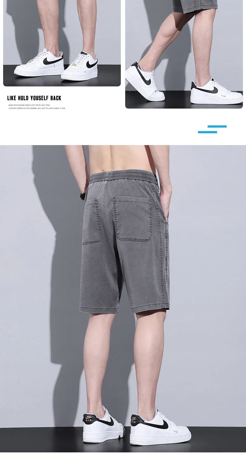 Soft Cosy Lyocell Thin Men's Denim Shorts Summer Clothes Loose Pants Drawstring Elastic Waist Korea Casual Short Plus Size M-5XL