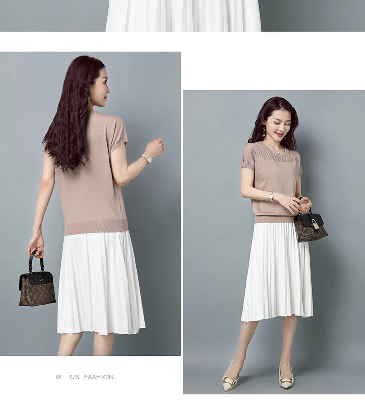 2024 Summer Ladies Knitted Top Short Sleeve Tshirt Hollow Out T Shirt Women Loose Elegant Tee Shirt Femme Casual Clothes T-shirt