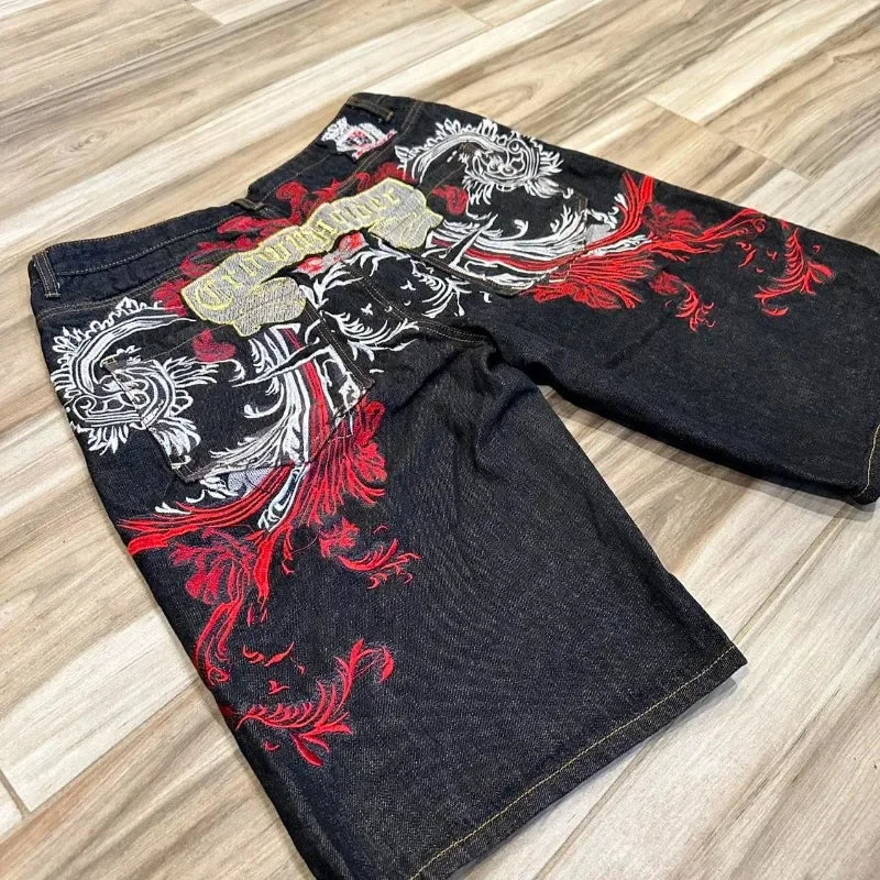 Y2K American New Gothic Alphabet Embroidered Baggy Denim Shorts Female Harajuku Retro Hip Hop Popular High Waist Wide Leg Shorts
