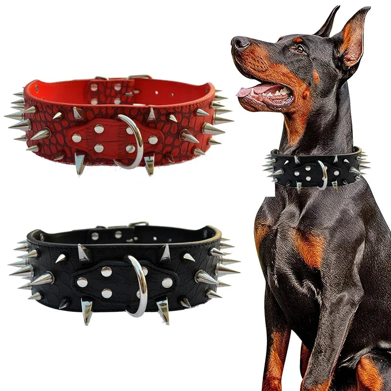 Adjustable Wide Dog Collar Rivet PU Leather Medium Large Dogs Collars Durable Neck Protection Adjustable Pet Necklace