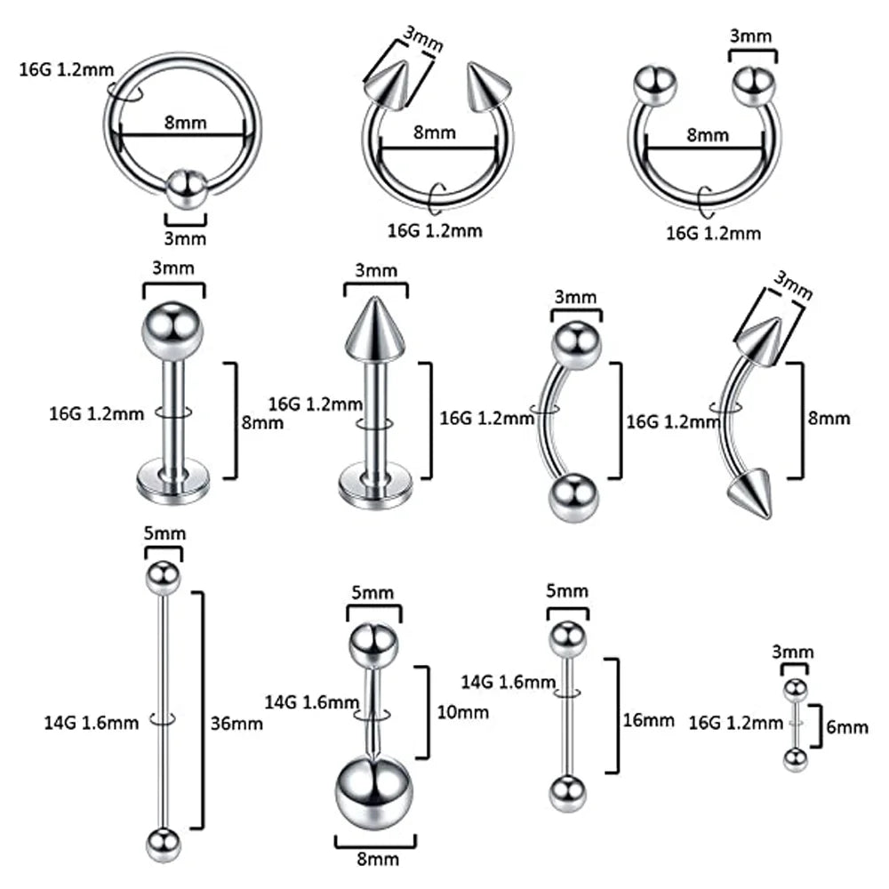 Stainless Steel Body Piercing Kit Needles Belly Button Rings Tongue Tragus Cartilage Helix Daith Rook Earring Lip Eyebrow