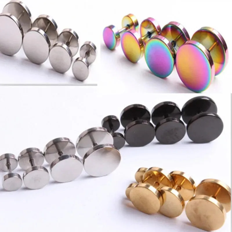 2Pcs Man Women Barbell Punk Gothic Stainless Steel Earring Studs, Black Silver Color Ear Piercing Jewelry