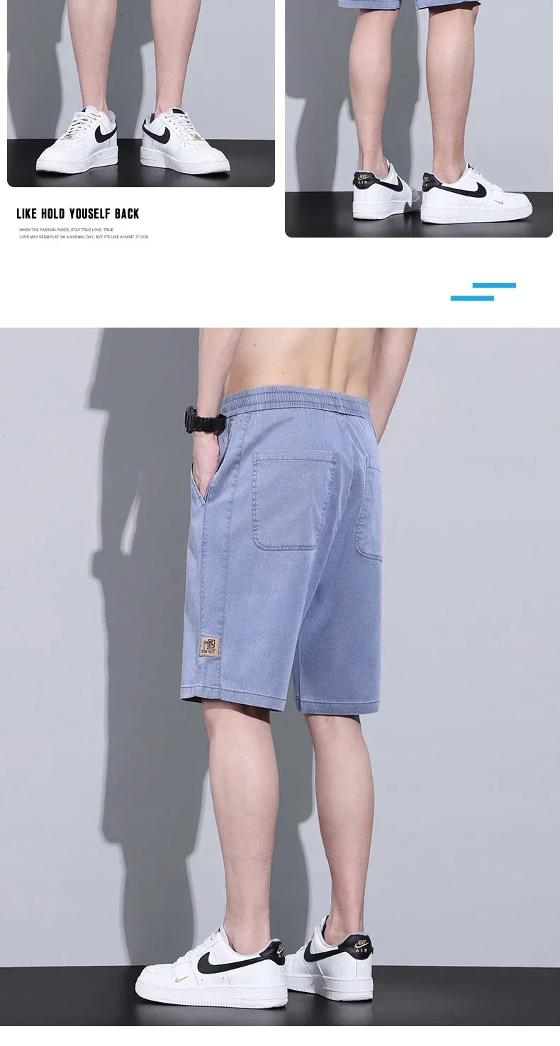 Soft Cosy Lyocell Thin Men's Denim Shorts Summer Clothes Loose Pants Drawstring Elastic Waist Korea Casual Short Plus Size M-5XL