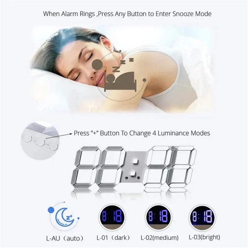 3D LED Digital Clock Glowing Night Mode Brightness Adjustable Electronic Table Clock Digital Wall Hanging Clock Home Bedroom