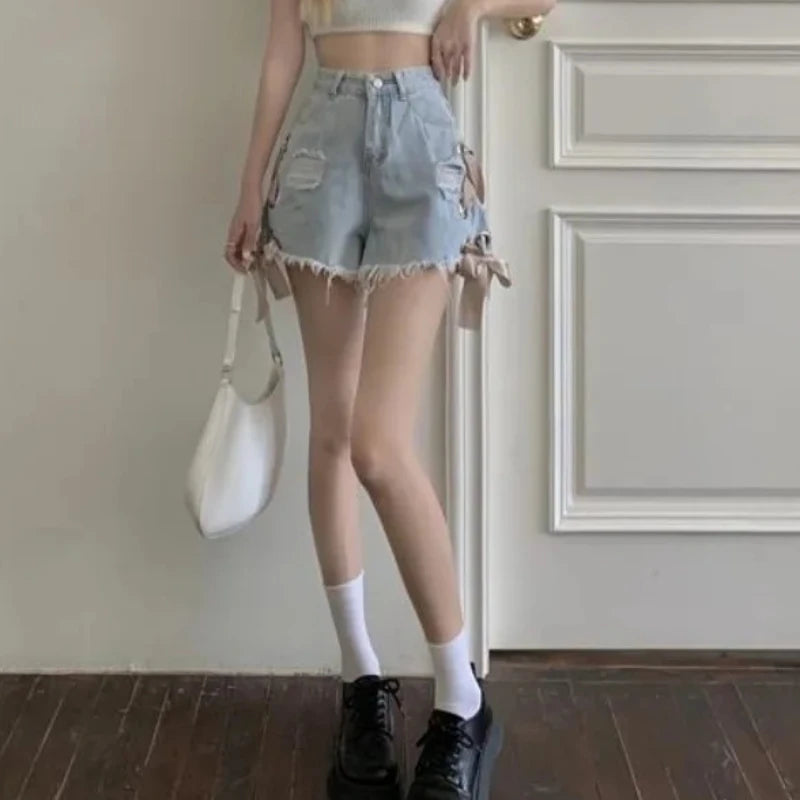 Short Jean Pants Woman Ripped Wide Denim Shorts for Women Stretchy Elasticty Flowy Jorts Summer 2000s Clothes Y2k Hot Streetwear