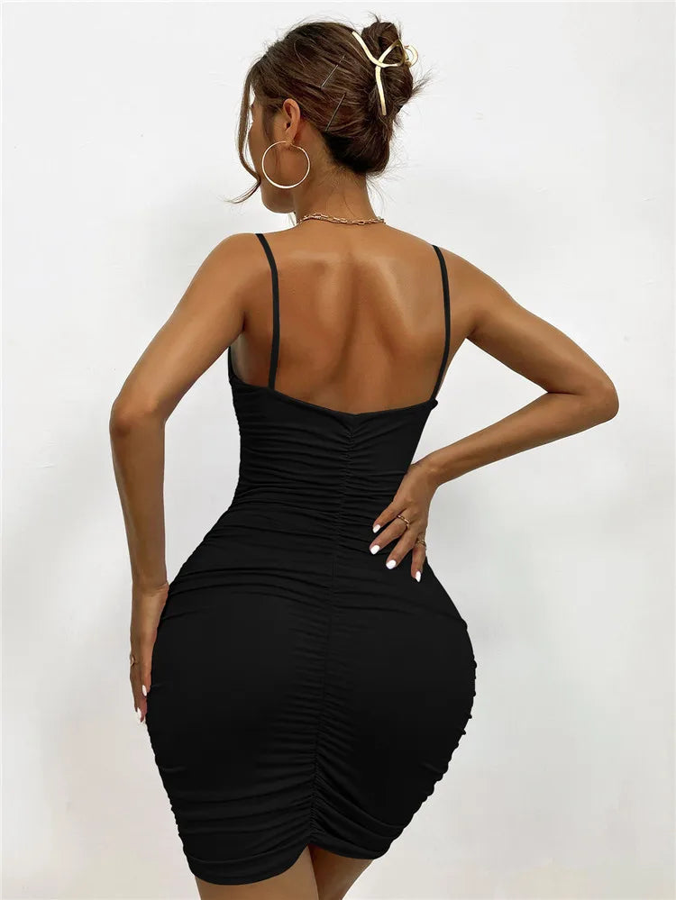Fairyshely Sexy Ruffle Deep V Short Club Dress Ladies 2025 Summer Blue Bodycon Dresses Evening Party Tight Mini Dress