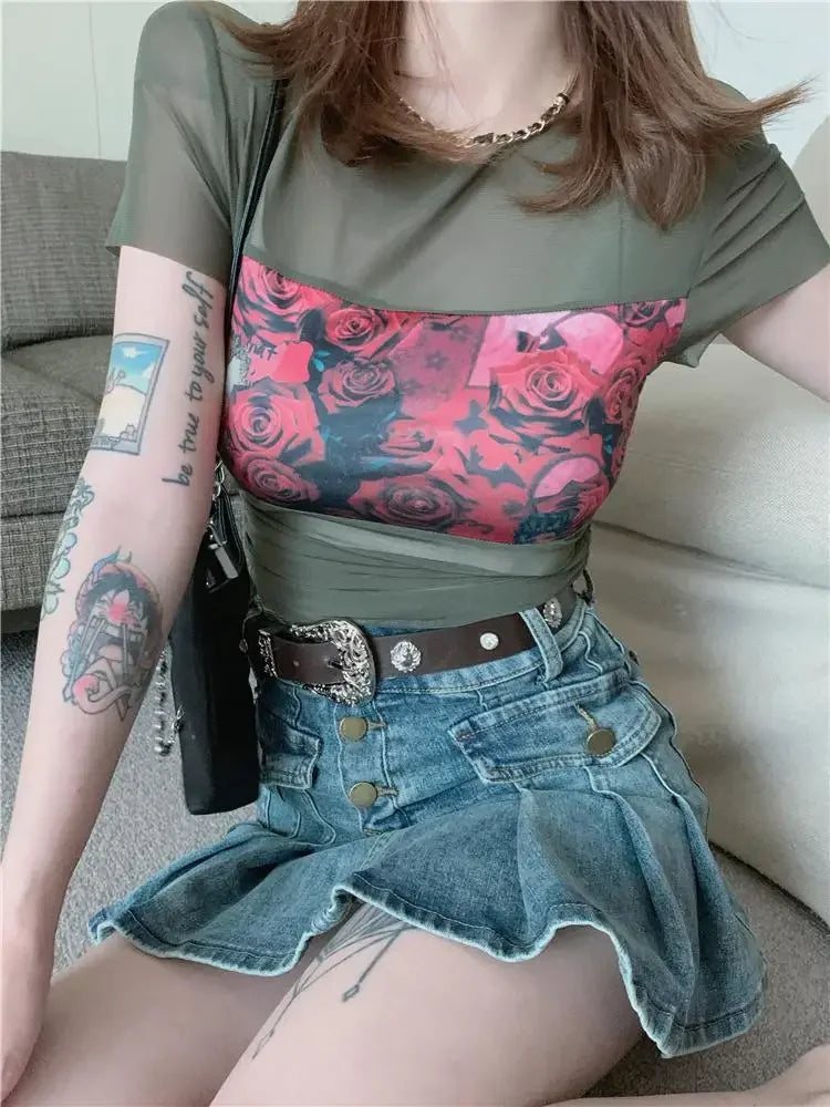 Summer Outfit Woman Tops Sexy Crop T Shirt for Women Y2k Fashion Korea Sale 90s Vintage Polyester Clothes Youthful Harajuku Kpop