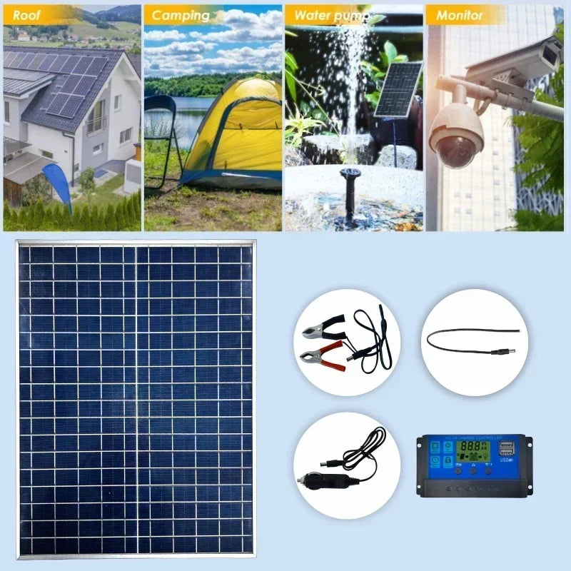 500W1000W 12V Photovoltaic Solar Panel, Power Bank Kit 100AController Solar Plate For Home/Camping/RV/Car Fast Battery Charger