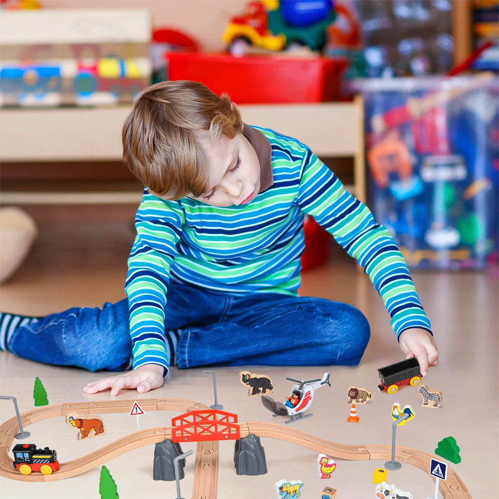 50pcs Forest Wooden Railway Set Electric Train Set Compatible with Other Wooden Tracks Gift for Child Kids Toy