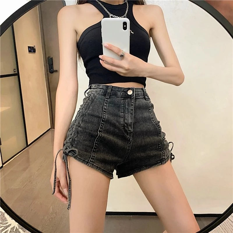 Sexy Skinny Women's High Waist Denim Shorts Fashion Clothing 2025 Streetwear Summer Drawstring Lace-up Female Short Jeans Pants