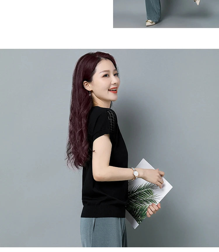 2024 Summer Ladies Knitted Top Short Sleeve Tshirt Hollow Out T Shirt Women Loose Elegant Tee Shirt Femme Casual Clothes T-shirt