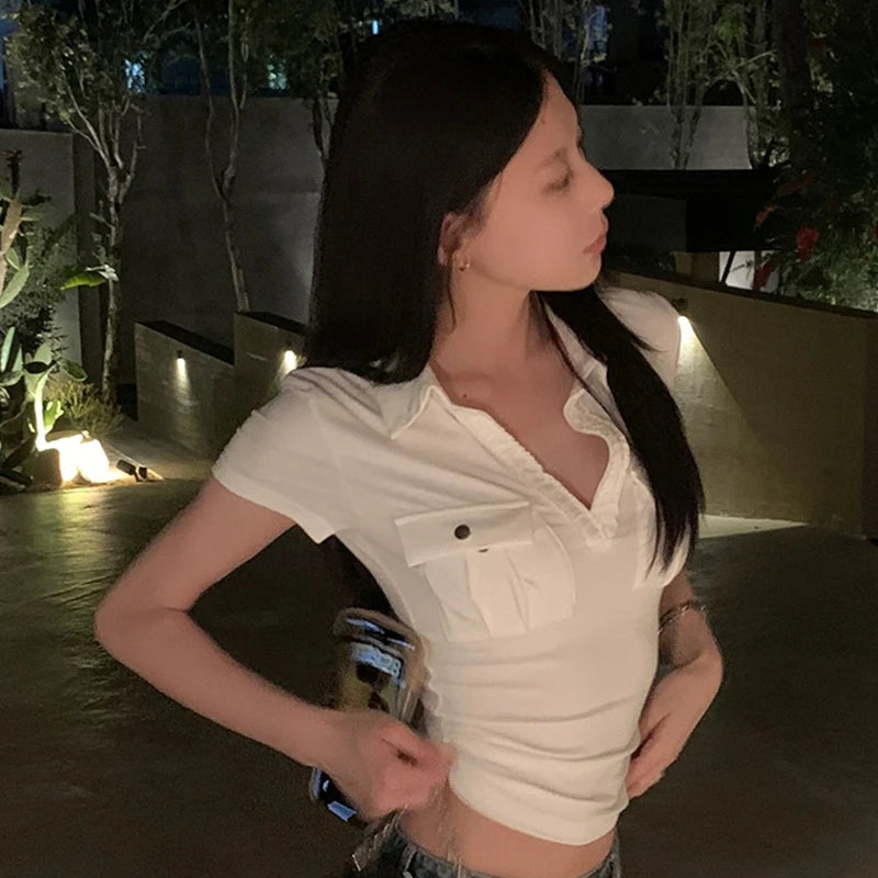 Tawaaiw Casual Pocket T-shirt Woman Clothes Short Sleeve Turn-down Collar Korean Fashion 2000s Clothes Y2k Summer Tops Tees