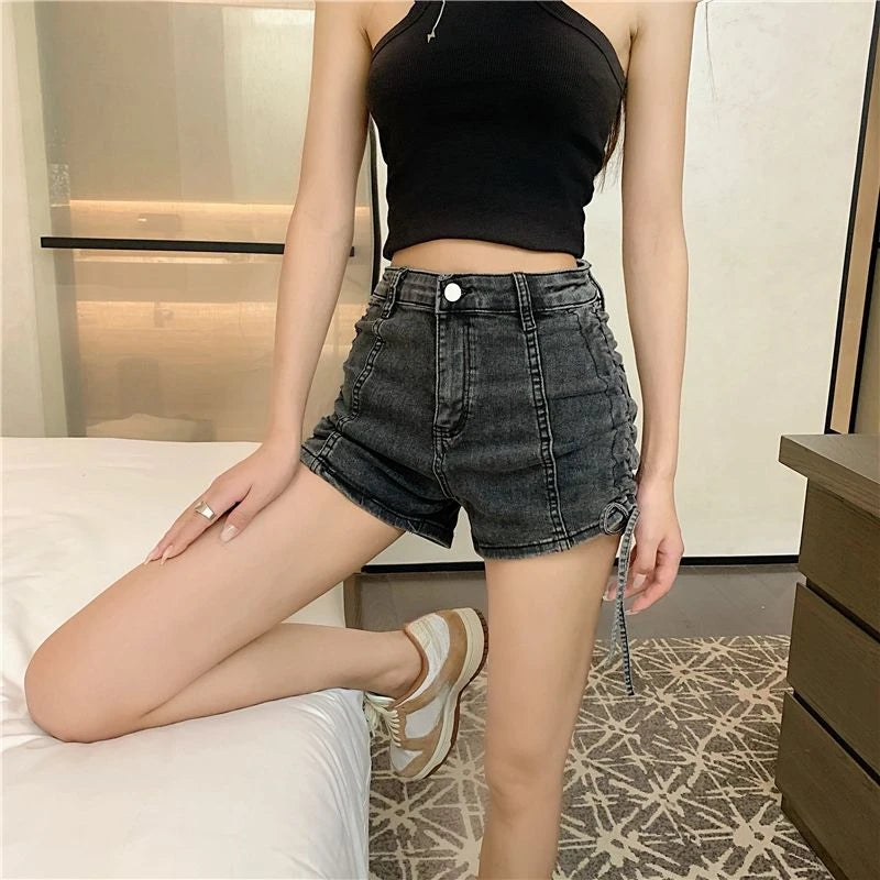 Sexy Skinny Women's High Waist Denim Shorts Fashion Clothing 2025 Streetwear Summer Drawstring Lace-up Female Short Jeans Pants