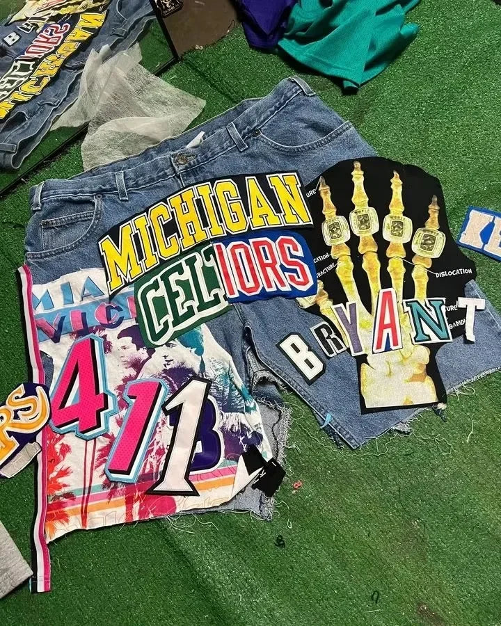 American Retro Denim Shorts Y2K Jeans Harajuku Hip Hop Cartoon Embroidery Retro Baggy Shorts Low Waist Sports Basketball Shorts