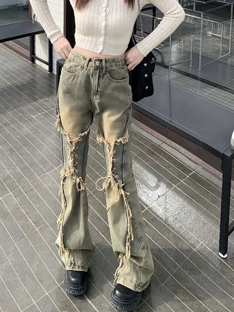 Oversize American Retro Straight Casual Pants Y2k Grunge High Waist Loose Wide Leg 2025 New Bell Bottom Jeans Women