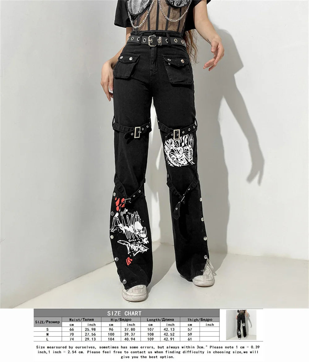 Eyelet Buckle Cyber Punk Goth Baggy Jeans Y2K Woman Techwear Dark Academic Solid E Girl Cargo Pants Denim Gothic Hippie Trousers