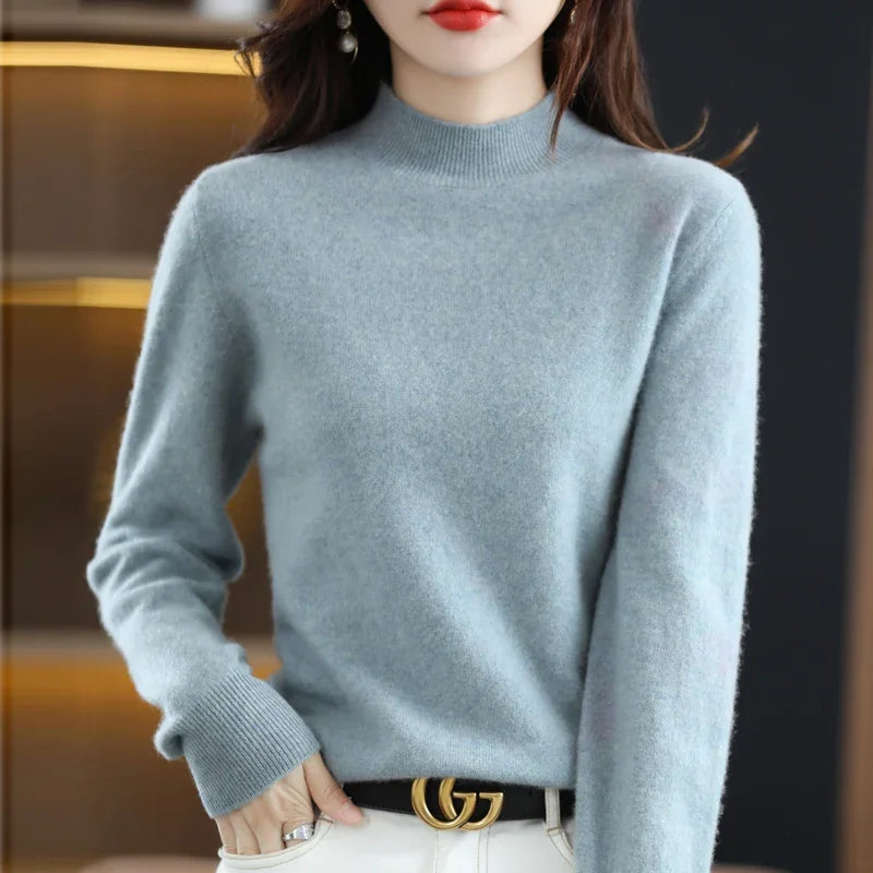 Women Sweater Long Sleeve Mock Neck Warm Winter Basic Knitted Pullovers Solid Loose Knitwear Casual Korean Fashion Jumper 2024