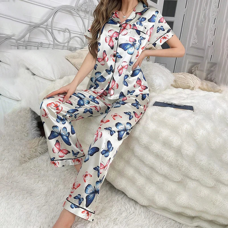 Butterfly Print Pajamas Women Autumn Short Sleeve Buttons Top & Long Pants Pajama Pj Sets Ladies Sleepwear Loungewear Nightwear