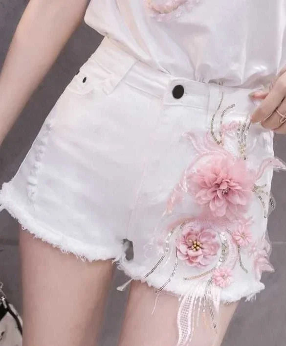 Denim Shorts for Women High Waist Flowers Short Jean Pants Woman To Wear 2000s Clothes Y2k 2025 Classic Casual Fashion Clothing