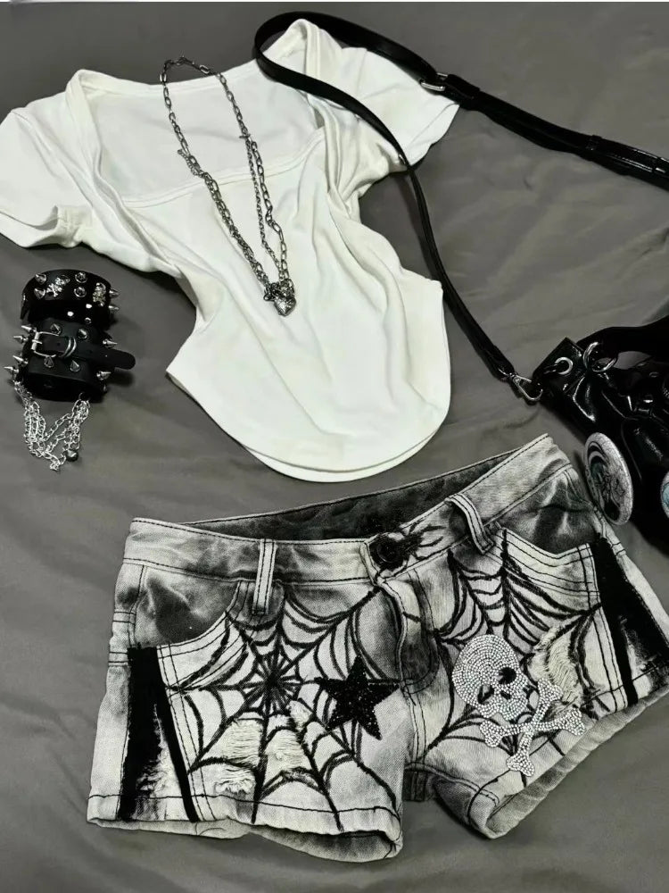 Street Punk Spider Web Printed Diamond Skull Star Denim Shorts Sexy Low-waisted Hot Short Panrts Summer New Jeans for Women