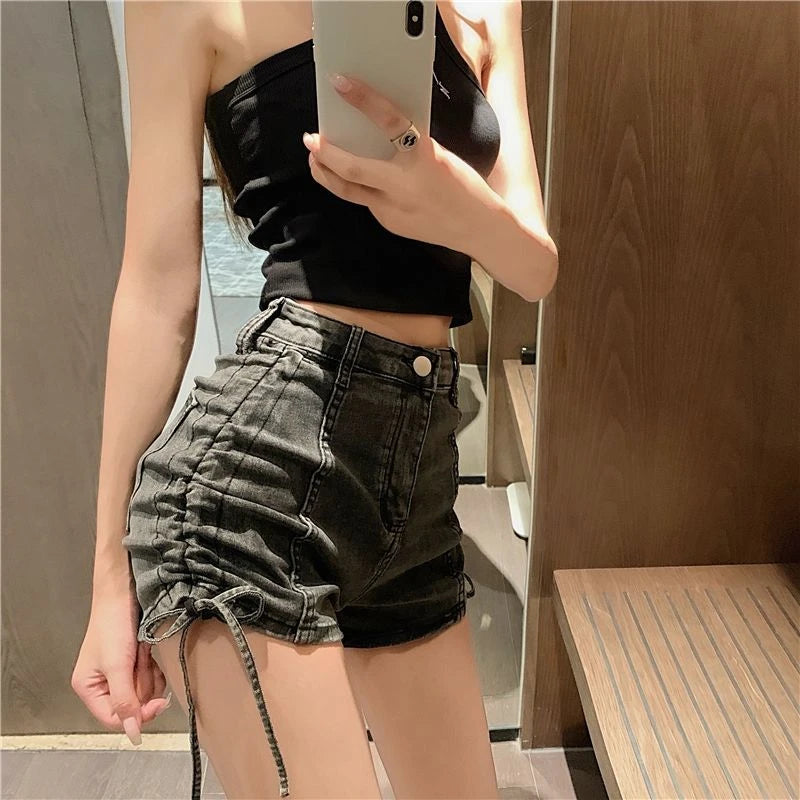 Sexy Skinny Women's High Waist Denim Shorts Fashion Clothing 2025 Streetwear Summer Drawstring Lace-up Female Short Jeans Pants