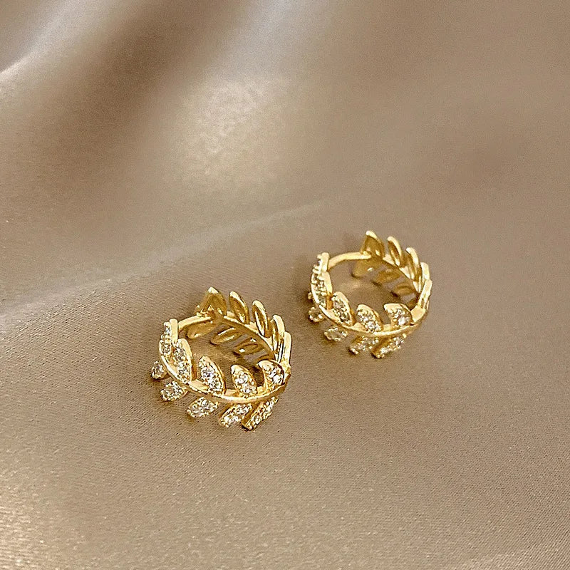 Exquisite Double Sided Zircon Golden Leaf Earrings for Women Fashion Beauty Prom Accessories Valentine's Day Gifts Party Jewelry