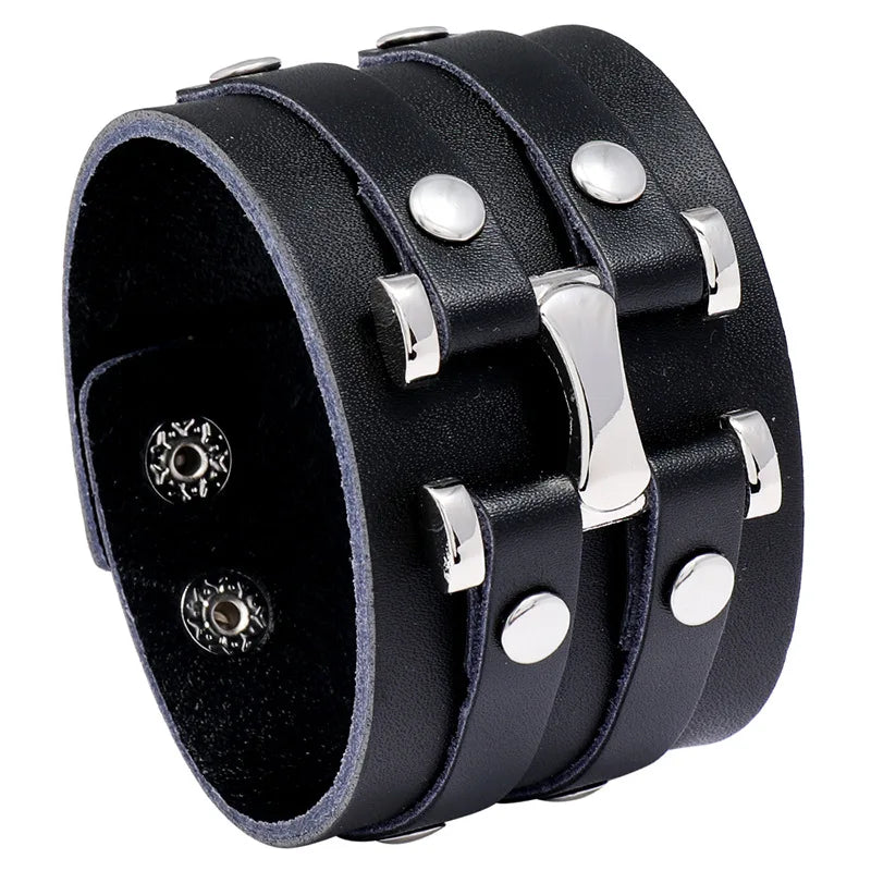 New Vintage Leather Wristband Bracelet Cuff Goth Metal Armbands Concealed Buckle Adjustable Gothic Punk Bracelets Men Jewelry