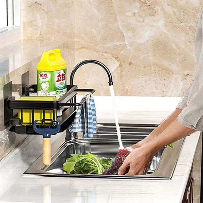 Kitchen Storage Rack Shelf Hanging Towel Sponge Drain Organizer Alumimum Sink Drain Rack Basket Bathroom Shampoo Towel Holder