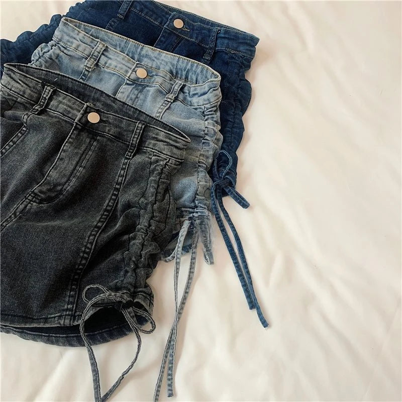 Sexy Skinny Women's High Waist Denim Shorts Fashion Clothing 2025 Streetwear Summer Drawstring Lace-up Female Short Jeans Pants