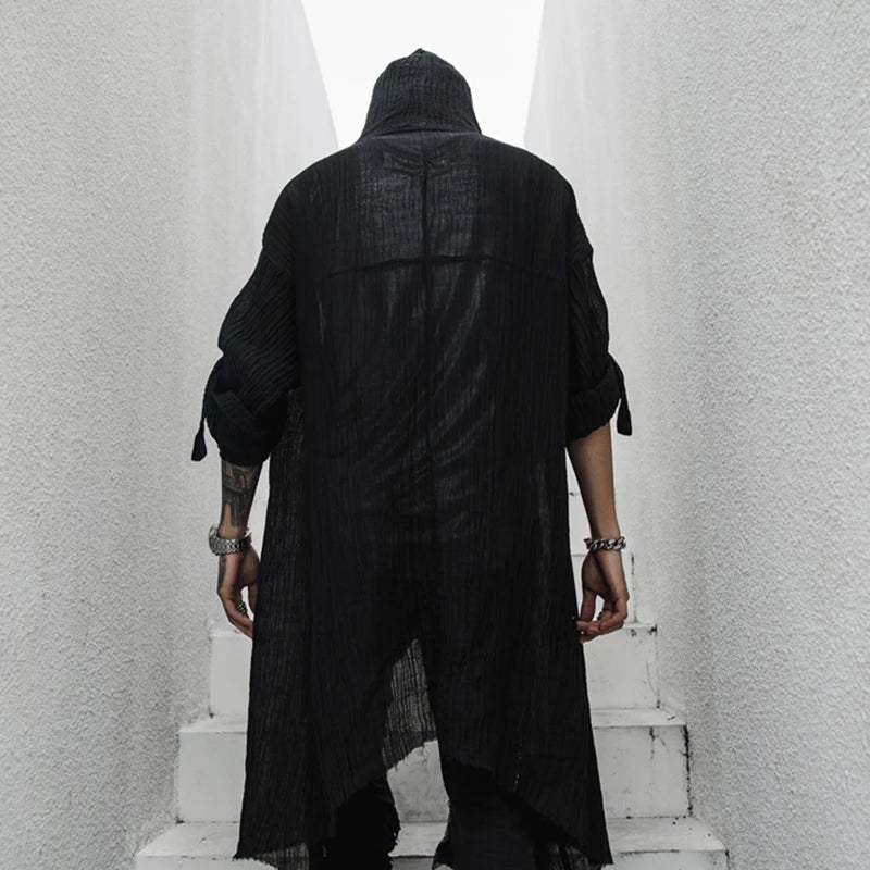 Punk rock hip hop black long shirt hooded cloak cardigan men linen oversize blouse Nightclub DJ singer gothic vintage streetwear