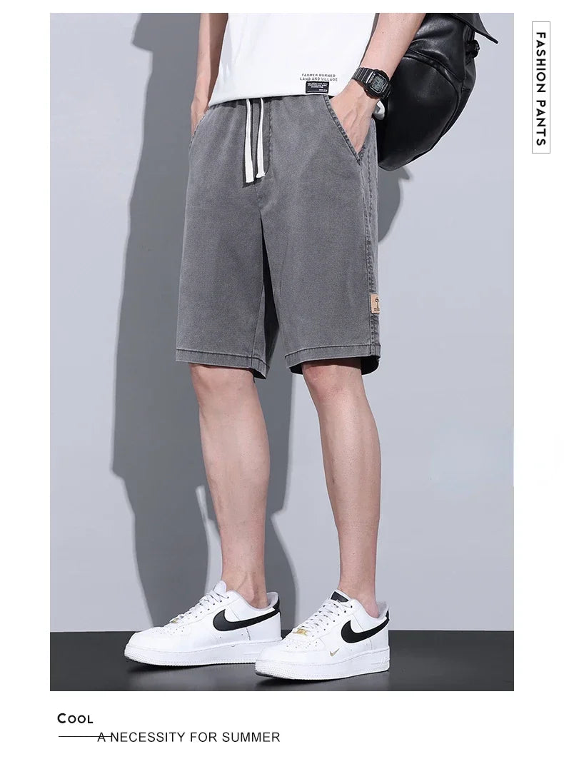 Soft Cosy Lyocell Thin Men's Denim Shorts Summer Clothes Loose Pants Drawstring Elastic Waist Korea Casual Short Plus Size M-5XL