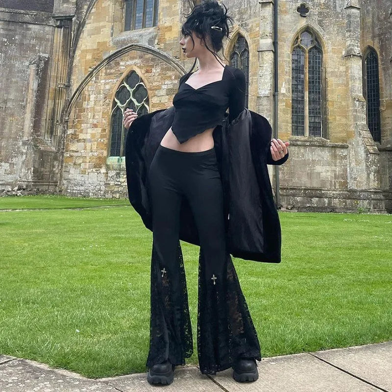 Goth Mall Flare Pants Sexy Black Lace Patchwork High Waist Vintage Harajuku Hippie Punk Grunge Streetwear Y2k Pants