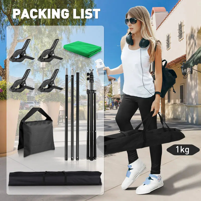 6.5FT Background Support with 2*3m Green Screen Chromakey,Photo chrome green backdrop stand with Clip for Shooting Video studio