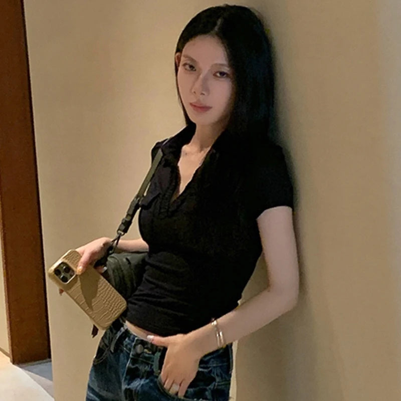 Tawaaiw Casual Pocket T-shirt Woman Clothes Short Sleeve Turn-down Collar Korean Fashion 2000s Clothes Y2k Summer Tops Tees