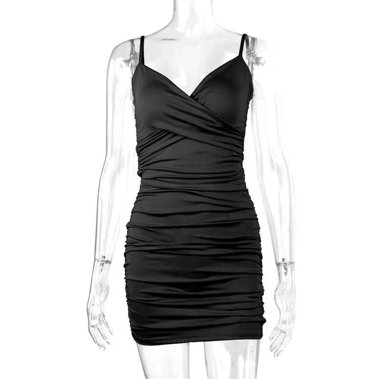 Fairyshely Sexy Ruffle Deep V Short Club Dress Ladies 2025 Summer Blue Bodycon Dresses Evening Party Tight Mini Dress