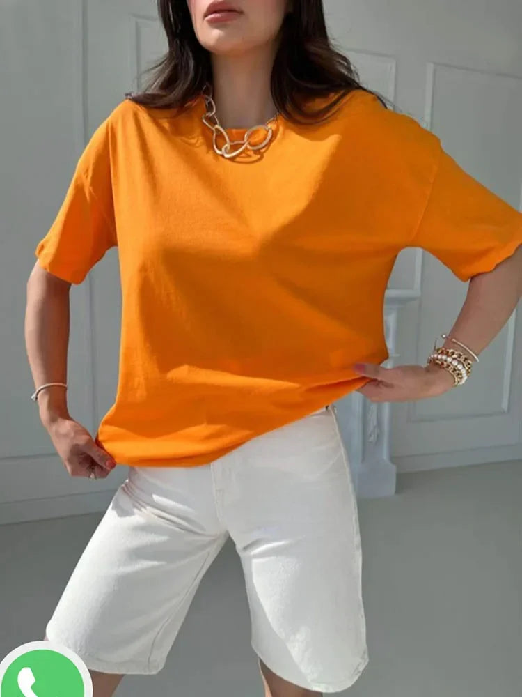 Summer Women's T-shirt Short Sleeve 100 % Cotton Oversized T-shirts Loose Casual O Neck Solid Blue Orange Tees Clothes for Women
