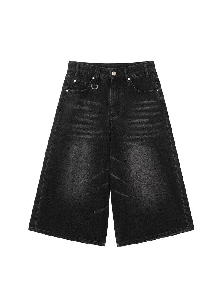 Harajuku Vintage High Waist Black Retro Washed Denim Shorts Women's Fashion Casual Loose Fit Y2K Streetwear Mid Long Short