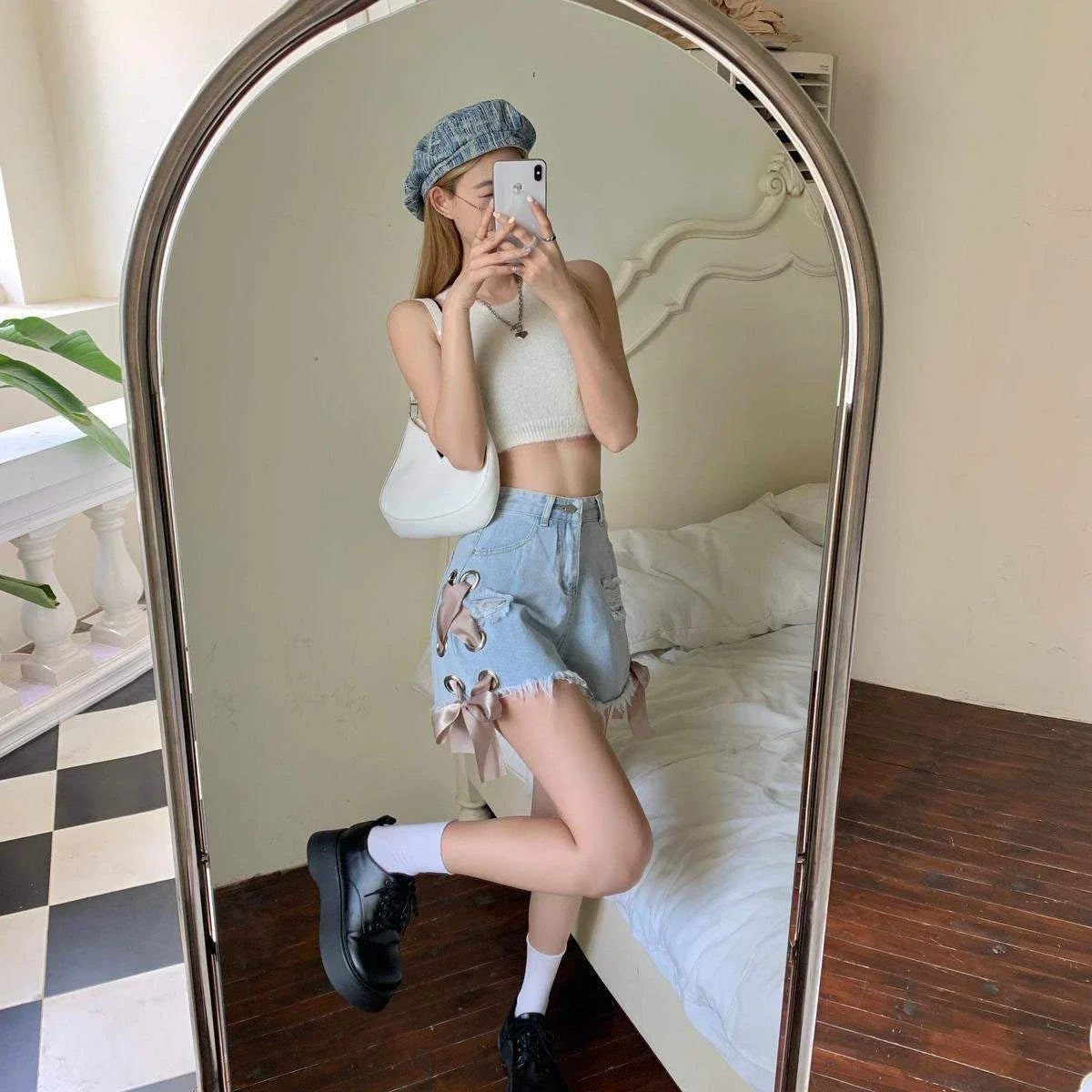 Short Jean Pants Woman Ripped Wide Denim Shorts for Women Stretchy Elasticty Flowy Jorts Summer 2000s Clothes Y2k Hot Streetwear