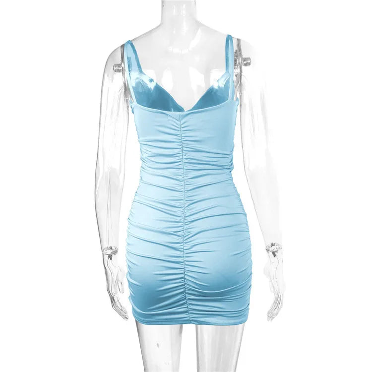 Fairyshely Sexy Ruffle Deep V Short Club Dress Ladies 2025 Summer Blue Bodycon Dresses Evening Party Tight Mini Dress