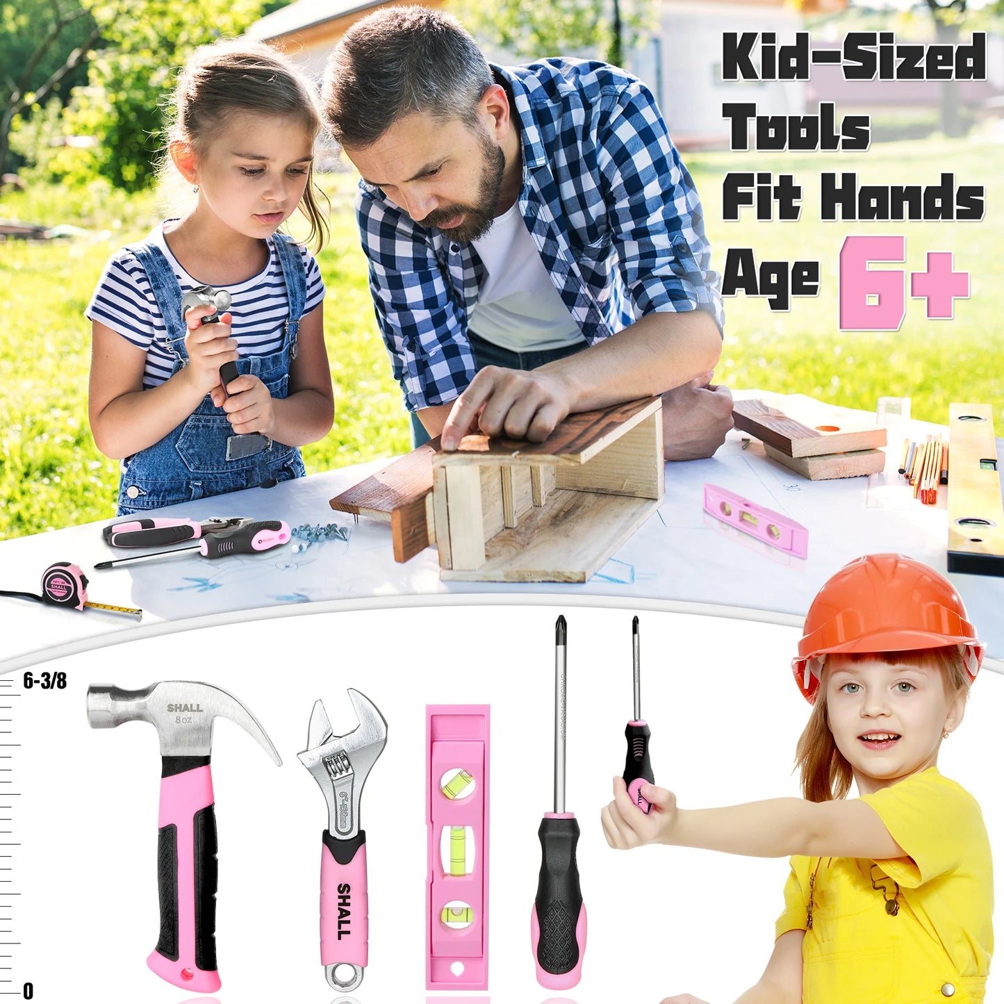 SHALL 26Psc Kids Size tools kit set with 12" Tool Bag Safety woodworking tools Children Tool Kit with Hand Tools Home DIY