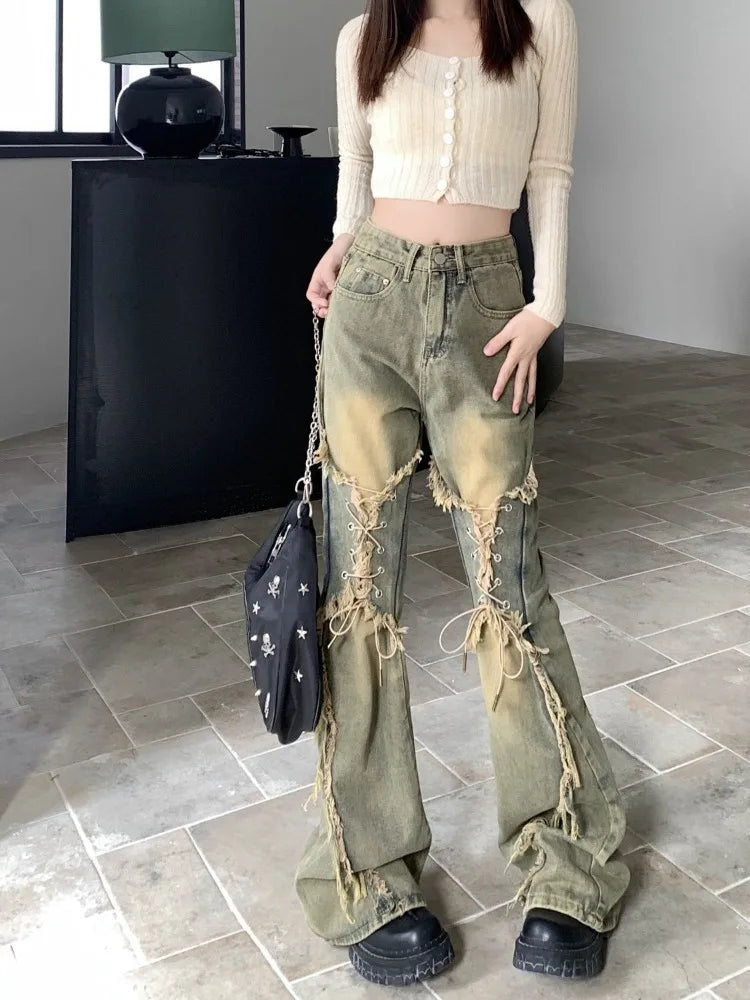 Oversize American Retro Straight Casual Pants Y2k Grunge High Waist Loose Wide Leg 2025 New Bell Bottom Jeans Women