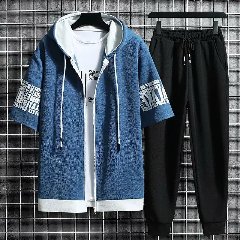 Set for Men Summer Men's Sports Suit 2-piece Print T-shirt Casual Hooded Quick Dry Running Long Pant Clothes Short Sleeve Shorts