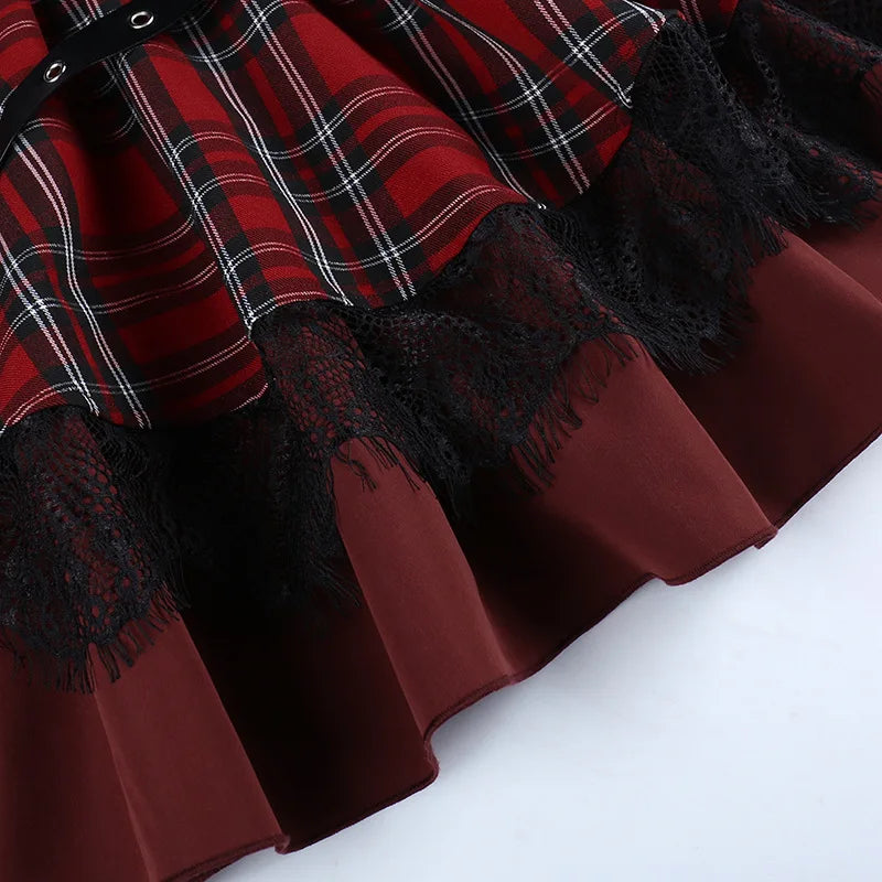 Gothic Harajuku Girls Plaid Pleated Skirt Punk Sweet Lace Kawaii Clothing Y2k Lolita Cake Mini Skirts Cosplay Costume